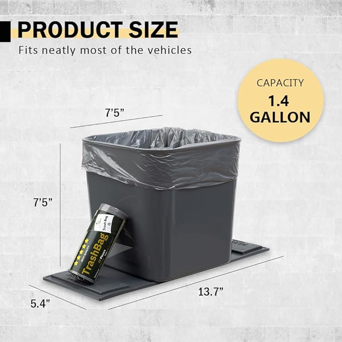 Car Trash Can ??Leakproof 1.4 Gallon Compact Garbage Bin with Stability Flap & Anti-Slip Base | Portable Trash Holder for Cars, Trucks, SUVs, Minivans ??Includes Trash Bags (Grey, Large)