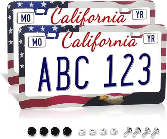 American Flag Eagle Patriotic License Plate Frames Covers Holders US American Waving Flag Eagle Car Tags Frames Holders Stainless Aluminum 2 Pack 4 Holes Decorative 2 Pcs Set for Men Women Vehicle