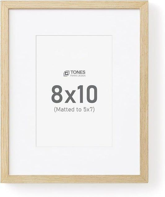 8x10 Picture Frame, 8x10 Frame Matted to 5x7, Wood Veneer Finish 8 x 10 Photo Frame with Mat Plexiglass & Stand for Tabletop & Wall Display, Natural, 1 Pack