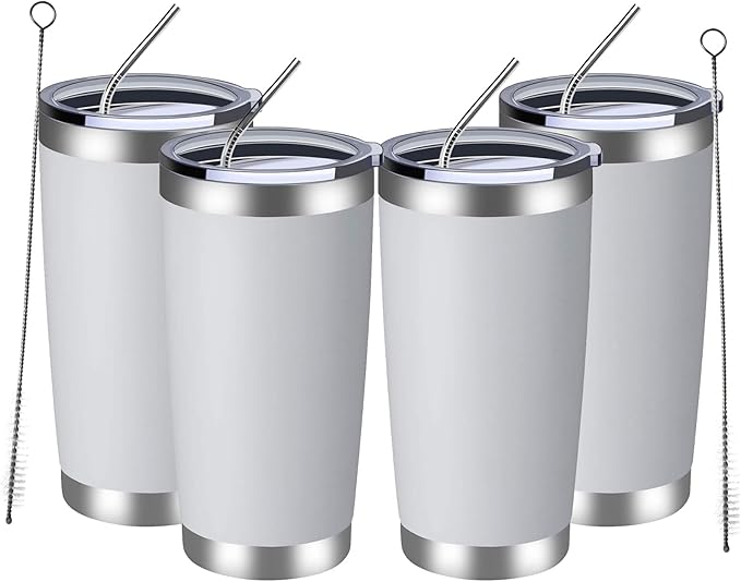 MEWAY 20oz Tumbler 4 Pack Double Wall Vacuum Insulated Travel Mug Bulk, Stainless Steel Tumblers with Lid and Straw, Durable Powder Coated Coffee Cups for Cold & Hot Drinks (White, 4)