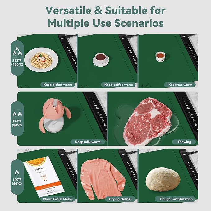 Food Warming Mat Electric Tray: Adjustable Silicone Heating Pad with 3 Temperature Settings 4 Timer Function Portable Roll Up Hot Plate for Buffets Party Gatherings Kitchen Warmer Countertop Green