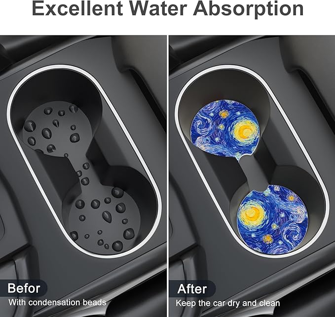 Car Cup Holder Coaster, Car Coasters for Cup Holders, 4 Pack Universal Anti Slip Insert Absorbent Ceramic Auto Interior Accessories with A Finger Notch & Cork Base, Starry Night