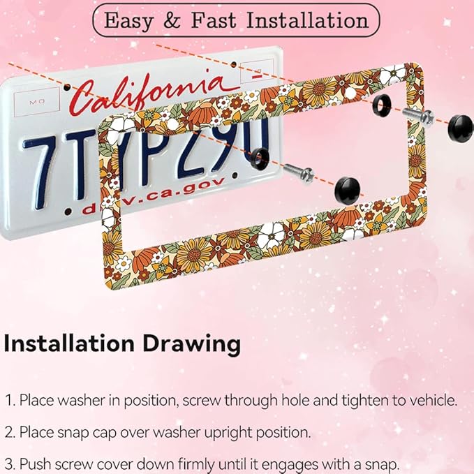 2pcs Retro Sunflower and Wild Flowers Floral License Plate Frame for Women, Inspirational Vintage Sunflower Floral car Decorative tag Frames Girly, Cottage Daisy Boho theam License Plate Cover Holder