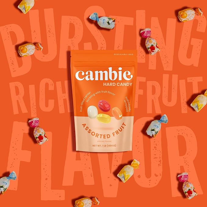Assorted Fruit Hard Candy Individually Wrapped by Cambie, 1 lb of Fruit Candy with a Deliciously Sweet Hard Exterior with a Soft, Decadent Filled Center