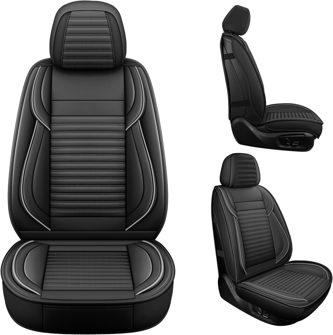 LINGVIDO Car Seat Covers,Breathable and Waterproof Faux Leather Automotive Seat Covers for Cars SUV Pick-up Truck Sedan(Front Seat,Black GrayLine)