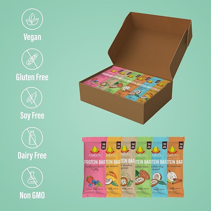 Amrita Nut Free Vegan Protein Bars 6 Flavor Variety | 15g Plant-Based Protein Bar | Peanut-Free, Gluten Free, and Dairy-Free | No Added Sugar, High Fiber, Healthy Snacks for Kids/Adults