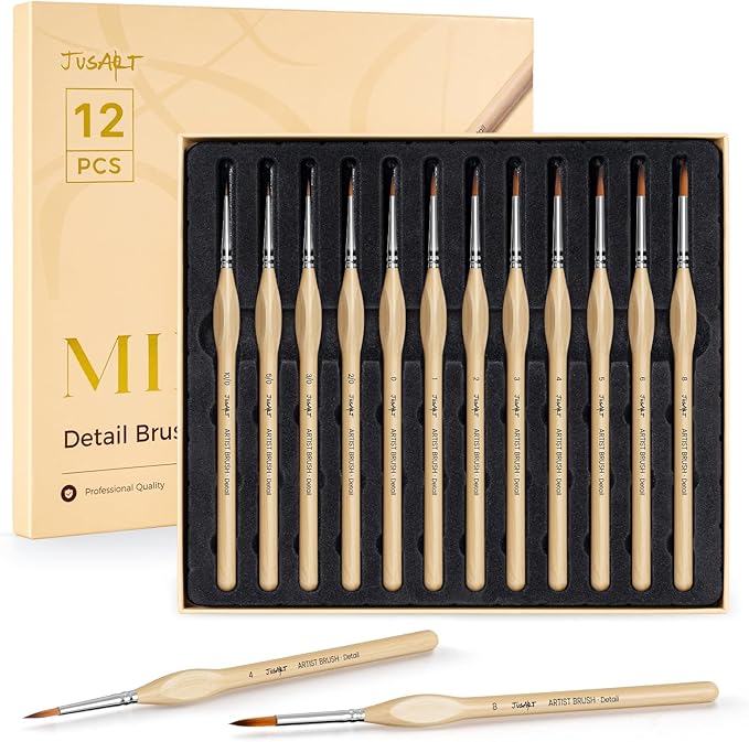 JUSART Detail Paint Brushes Set, 12 PCS Fine Tip Model Miniature Paint Brushes for Fine Detailing - Acrylic, Watercolor, Oil, Models, Rock Painting & Paint by Number - Triangular Handles (Wood)