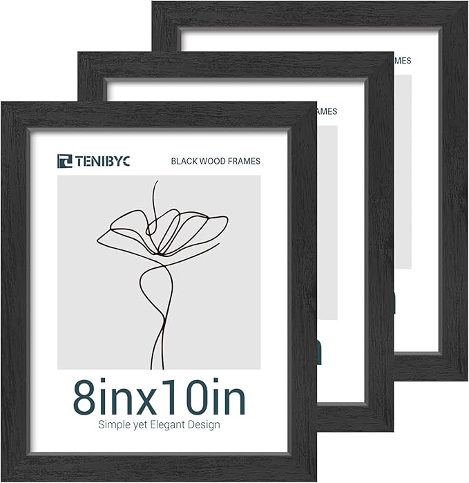 8x10 Picture Frames Set - 3 Pack - Black Solid Wood Poster Frame - Tempered Glass - Exclusive Woodgrain - Rooms, Offices, Gallery, Studio, and Hallway, Wall Display Decor