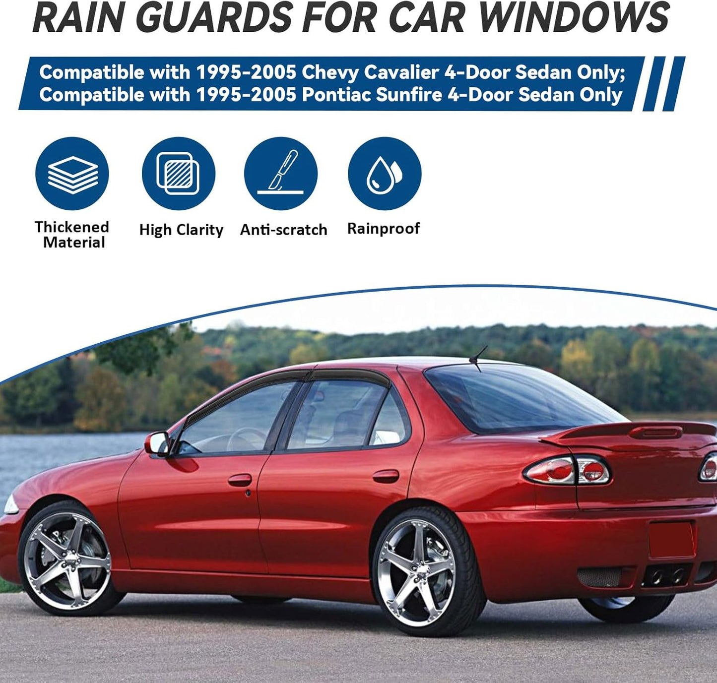 4pcs Front+Rear Smoke Tint Sun/Rain Guard Outside Mount Tape-On Vent Window Visors Compatible with 95-05 Cavalier/Sunfire 4-Door Sedan