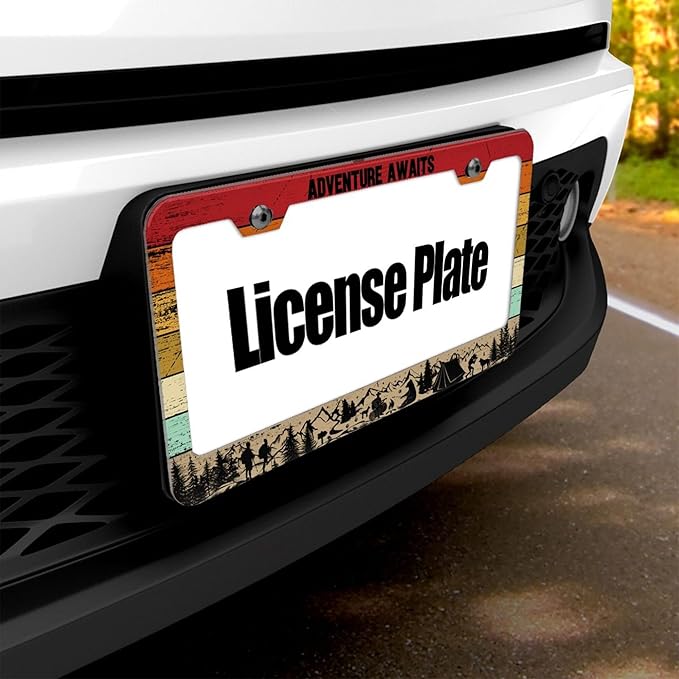 2PCS Adventure Awaits License Plate Frames Colorful Camping License Plate Cover for Personalized Car Decoration