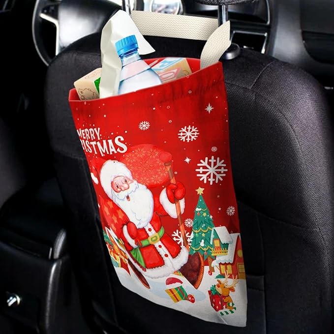 IRADA Car Trash Bag Hanging No Snap Small Garbage Bag for Car Back Seat Cute Printed One-Handed Strap Trash Bags Car Accessories-Xmas Decor Christmas Santa Claus Car Trash Bags