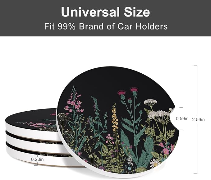 Car Cup Holder Coaster, Car Coasters for Cup Holders, 4 Pack Universal Anti Slip Insert Absorbent Ceramic Auto Interior Accessories with A Finger Notch & Cork Base, Dandelion
