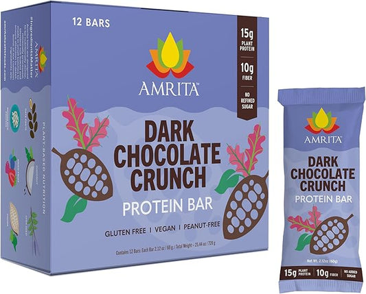 Amrita Nut Free Vegan Protein Bars (12 Count), Dark Chocolate Quinoa 15g Plant-Based Protein Bar, Peanut-Free, Gluten Free, and Dairy-Free, No Added Sugar, High Fiber, Healthy Snacks for Kids/Adults