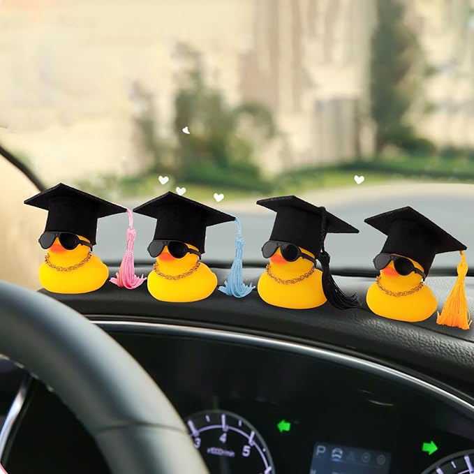 wonuu Car Dashboard Decor Graduation Hat Rubber Duck, Car Ducks Ornaments with Mini Hat Necklace Sunglasses Scarf (Yellow)