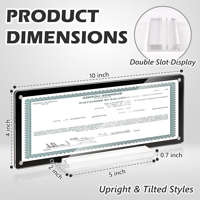 4x10 Business License Frame Magnetic Acrylic Business License Certificate Holder with Base Black Panoramic Photograph Picture Frame for Desk House Office Hotel Tabletop