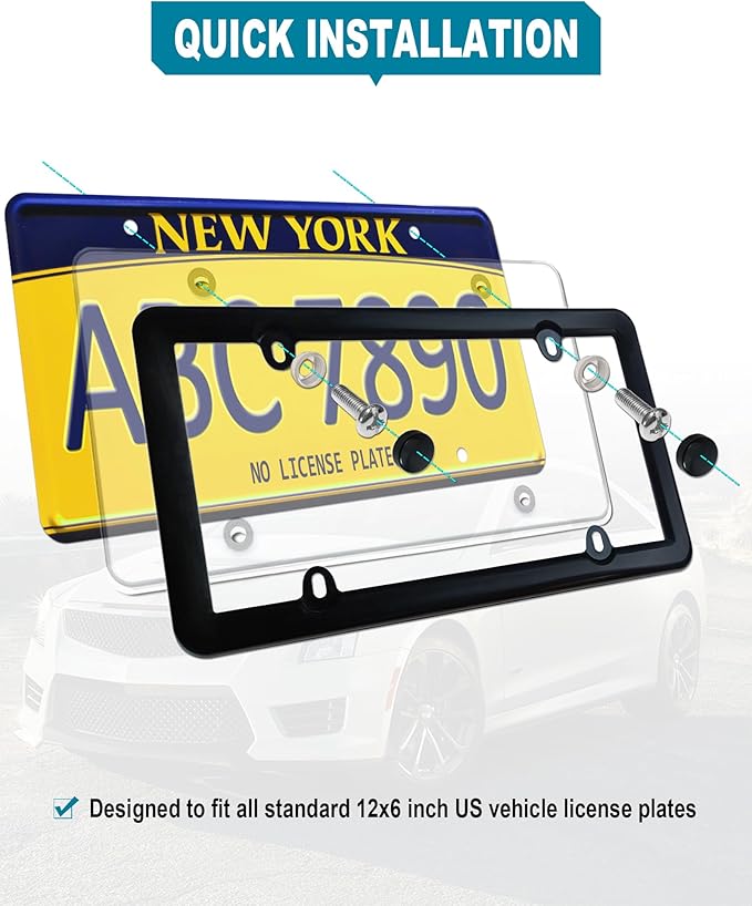 License Plate Covers Frames- 2 Sets Car Plate Protectors, Clear Flat Tag Plate Cover & Black Plastic Holder for Front Rear, with Screws Caps