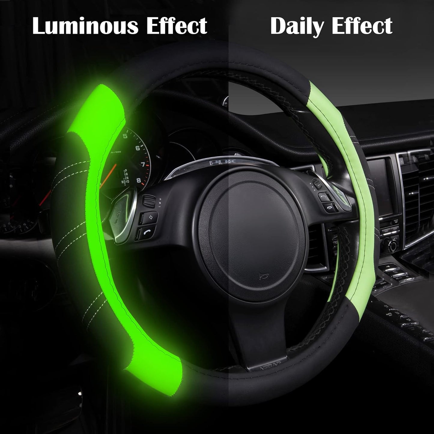 CAR PASS Line Rider Microfiber Leather Sporty Steering Wheel Cover Universal Fits for 95% Truck,SUV,Cars 14.5-15inch, Anti-Slip Safety Comfortable Design (Glows Lime Fluorescent Green)