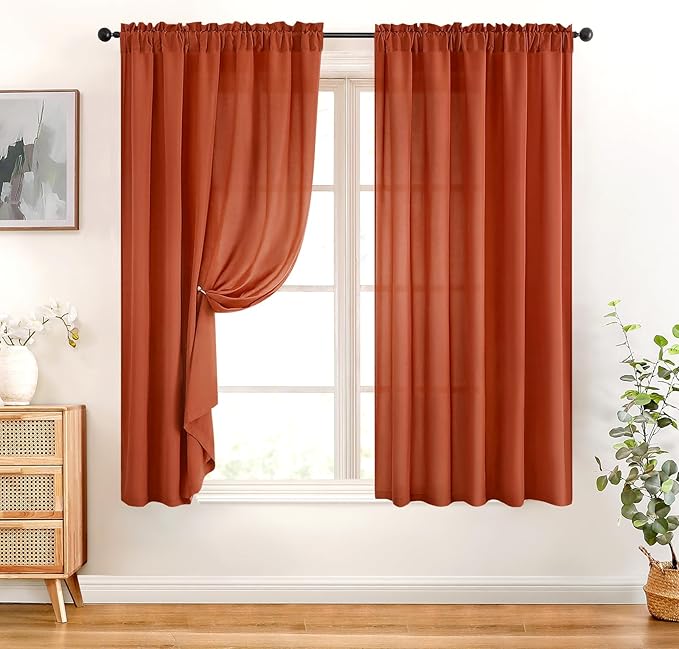 HOMEIDEAS Non-See-Through Fall Burnt Orange Privacy Sheer Curtains, 52 X 63 Inches Long 2 Panels Sheer Curtains Light Filtering Window Drapes for Bedroom Living Room