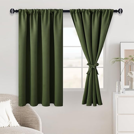 JIUZHEN Christmas Blackout Curtains for Bedroom - Thermal Insulated Room Darkening Noise Reducing, 52 x 45 Inch Length Curtains for Living Room, Set of 2 Panels with Tiebacks, Olive Green