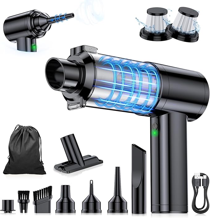 Car Vacuum Portable Cordless, 35000Pa High Power Brushless Motor Handheld Vacuum, 6-in-1 Rechargeable Mini Cleaner with Air Duster for Car, Home, Pet Hair, Keyboard,Grey