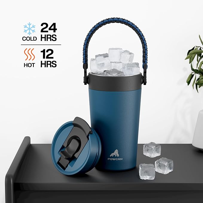 16 oz Insulated Coffee Mug for Work: 2-in-1 Straw Flip Lid, Keep Cold 24H, Fit in Car Cupholder, Leakproof, Stainless Steel Coffee Tumbler with Handle for Travel, Outdoor, Camping and Gifts (Deepsea)