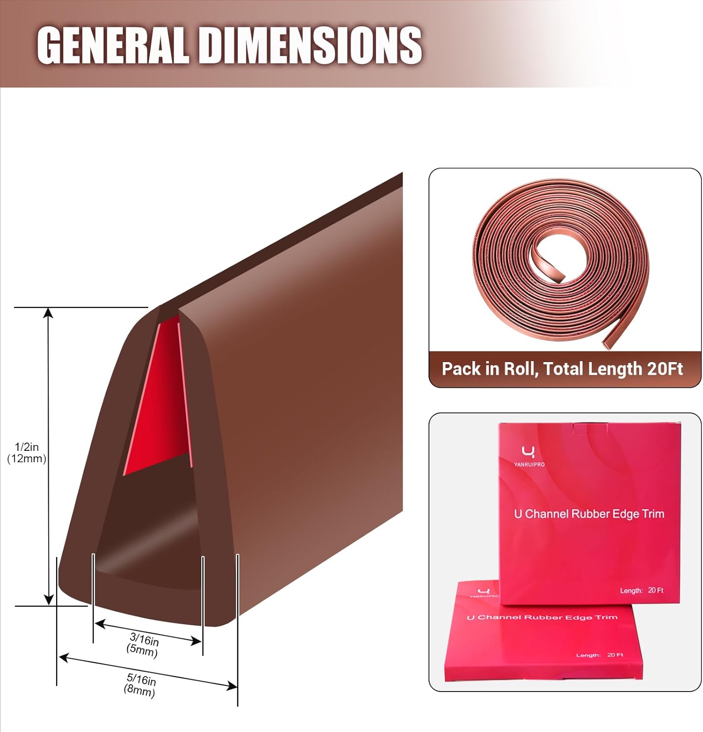 Rubber Edge Trim, Flexible Edge Trim for Sharp Edge, 3/16" U Channel Edge Protector, Self Adhesive Edge Guards for Plywood, Glass, Flexi-Glass and Mirror, 20Ft, Brown Color