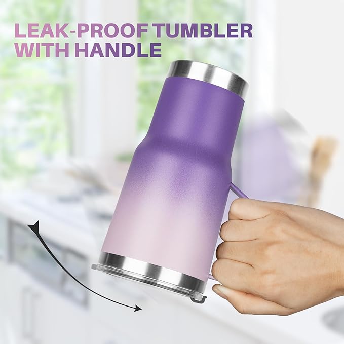 20 oz Tumbler with Handle, Stainless Steel Insulated Tumbler with Lid and Straw, Double Wall Vacuum Insulated Coffee Mug Tumbler, Insulated Coffee Thermal Cup for Cold and Hot(Light Dark Purple)
