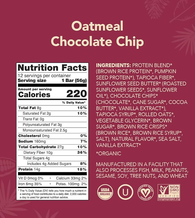 ALOHA Organic Plant Based Protein Bars - Oatmeal Chocolate Chip - 12 Count, 1.9oz Bars - Vegan Snacks, Low Sugar, Gluten-Free, Low Carb, Paleo, Non-GMO, Stevia-Free, No Sugar Alcohols