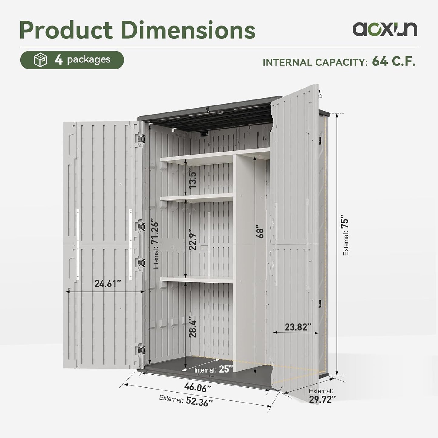 Aoxun 64 Cu.Ft Outdoor Storage Shed with Shelving Kit and Floor, Waterproof Horizontal Resin Cabinet for Trash Cans, Lawn Mowers, Generators, and Garden Tools