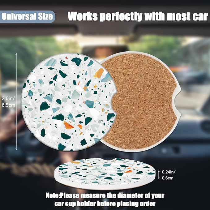 Car Cup Holder Coaster - Classic Italian Floor Venetian Natural Absorbent Ceramic Coaster, Car Coasters for Cup Holders, Auto Accessories for Women & Men, Pack of 2