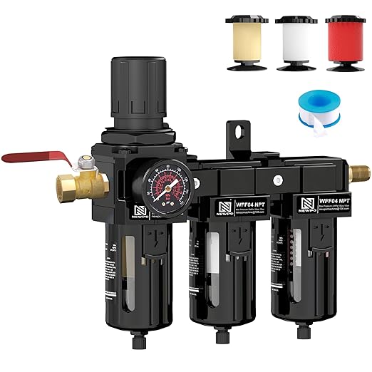 NEWPO 1/2" Three Stage Air Drying System Compressed Air Filter Regulator for Spray Guns,Air Pressure Regulator Combo 5＆0.5&0.01 Micron Filter Cartridge,Semi-Auto Drain, Metal Bracket Black