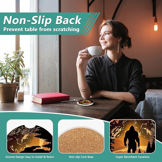 2 Pack Car Cup Holder Coasters - Bigfoot Mountains Forest Moon Absorbent Ceramic Coaster, Car Coasters for Cup Holders, Car Interior Accessories for Women Men