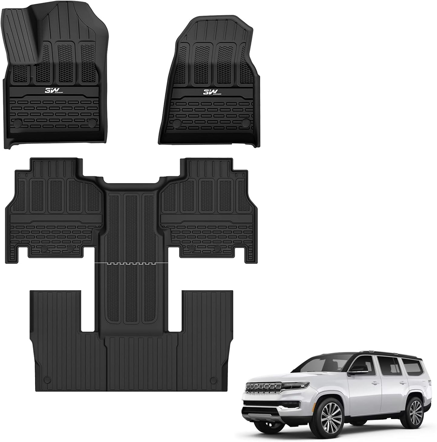 3W Floor Mats Fit for Jeep Grand Wagoneer/Grand Wagoneer L 2022 2023 2024 2025 8 seat (Not Fit for 7 seat), All Weather TPE Floor Liner for 1-3 Rows Full Set Car Mats Black
