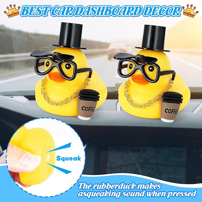 BOZILY Funny Rubber Duck with Mini hat, Gold Necklace, Folding Glasses, Coffee Cup - Rubber Duck Car Ornaments & Home Decor - Multi-Use Dashboard Duck Gift for Adults, Car Lovers