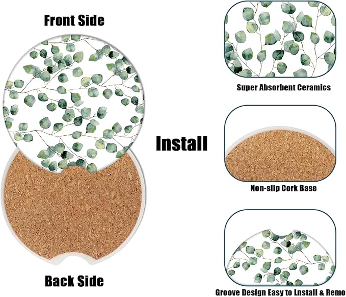 Car Cup Holder Coaster - Eucalyptus Round Green Leaf Absorbent Ceramic Coaster, Car Coasters for Cup Holders, Auto Accessories for Women & Men, Pack of 2
