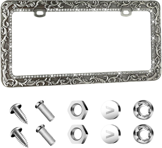 Valor Gel Metal Car License Plate Frames,Antique Old Pattern Printing, Bling Crystal Rhinestones Inlaid,Universal 2 Holes Automotive Replacement Parts Plate Holder(1 Pack)
