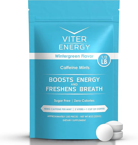Viter Energy 40mg Caffeine Mints - Sugar Free, B Vitamins, Vegan, Boosts Fast Energized Alert Focus, Caffeinated Nootropic Supplement Pills (Wintergreen Flavor, 8oz, Bulk Bag)