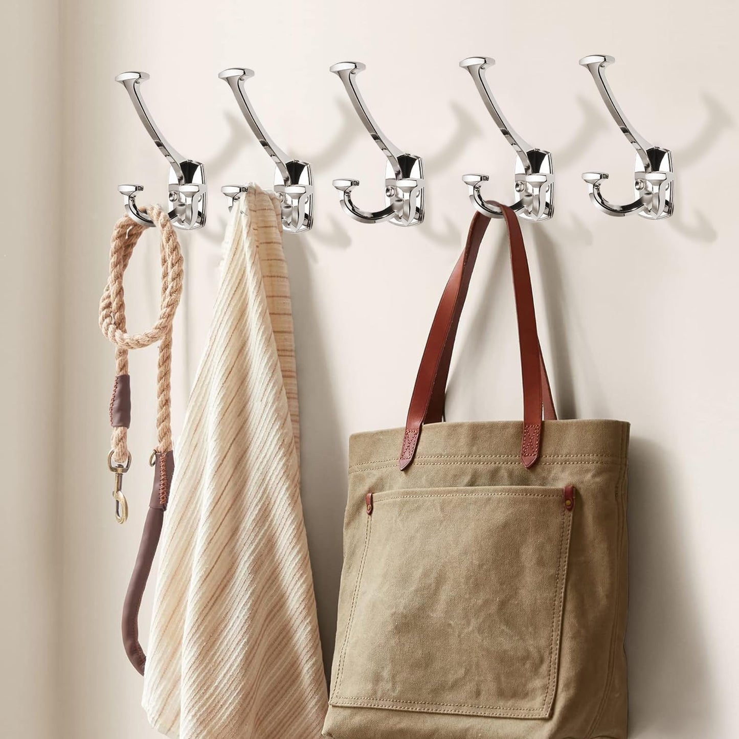 Large Wall Double-Sided Hook 2 Pack Polished Nickel Hook Decorative Heavy Duty Solid Large Coat Hooks for Towel Hanging Coats Robe Towel Bags Door Back 2 Prong Hooks