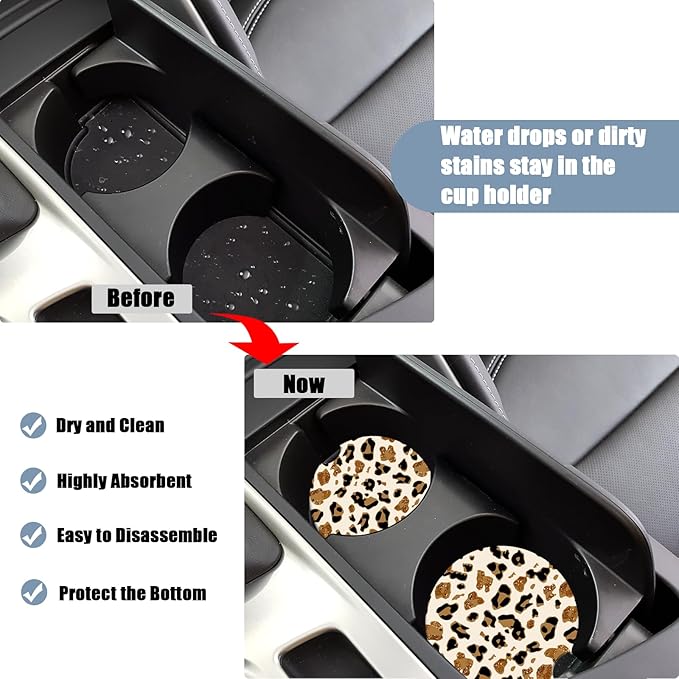 Car Cup Holder Coaster - Leopard Print Absorbent Ceramic Coaster, Car Coasters for Cup Holders, Auto Accessories for Women & Men, Pack of 2