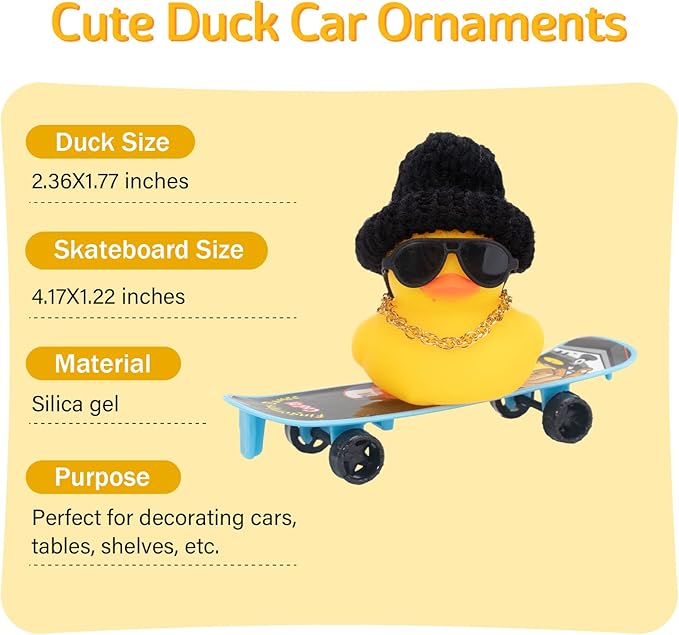 wonuu Car Duck Ornament Rubber Duck Car Dashboard Decoration for Car Dashboard Decoration Accessories with Mini Hat, Necklace, Sunglasses, Chair or Skateboard