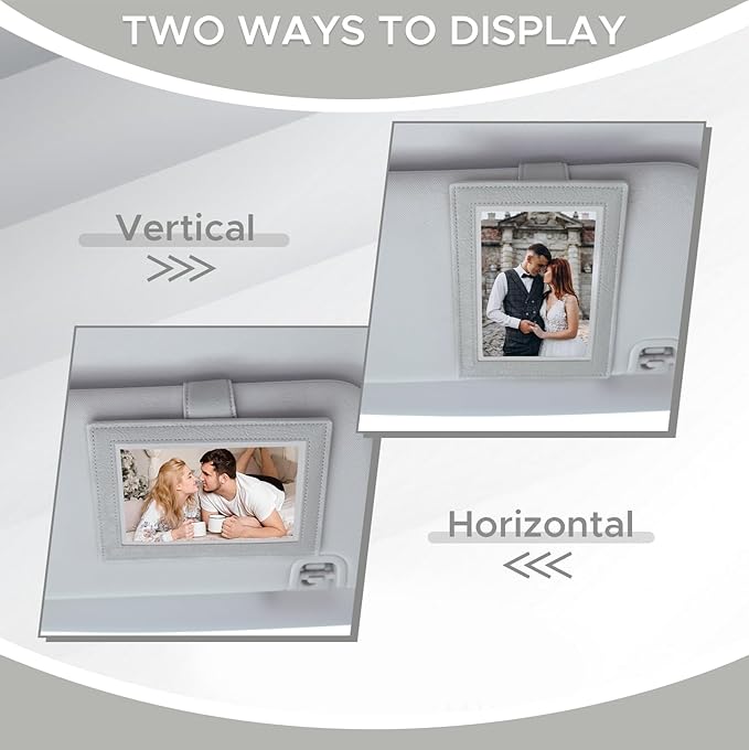 KINIVA 2 Pack Car Picture Holder - Magnetic Faux Leather Picture Frame for Safe Driving - Gift for Dad Mom Husband Wife Car Visor Accessories, Car Accessory (Fits 2.5"x3.5" Photos) (Grey)