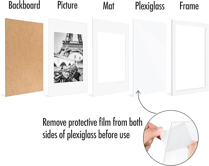 Americanflat 8x12 Picture Frame with Polished Plexiglass - Set of 5 - Use as 6x8 Frame with Mat or Display 8x12 Photo Without Mat - Galleria Collection - Picture Frames for Wall Display - White