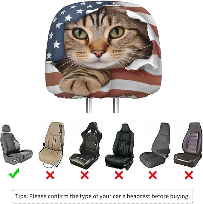 Dujiea 2 Pack American Flag Cat Car Headrest Covers, Universal Soft Car Seat Head Rest Cover Protector, Vehicle Accessories Fabric Headrest Cover for Cars Vans Trucks