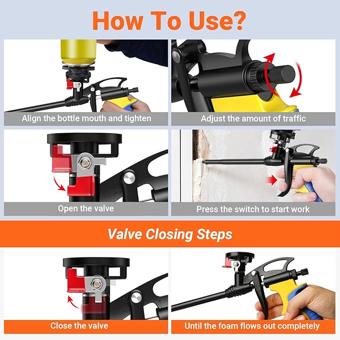 Preciva Foam Gun with Valve, Professional Foaming Gun PU Expanding Caulking Gun Insulation for Caulking, Filling, Sealing