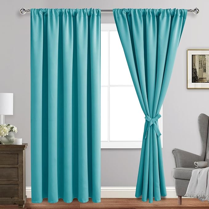 JIUZHEN Blackout Curtains for Bedroom - Thermal Insulated Room Darkening Rod Pocket Curtains for Living Room, Set of 2 Panels with Tiebacks, 60 x 96 Inch Length, Turquoise