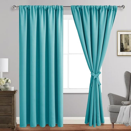 JIUZHEN Blackout Curtains for Bedroom - Thermal Insulated Room Darkening Rod Pocket Curtains for Living Room, Set of 2 Panels with Tiebacks, 60 x 96 Inch Length, Turquoise