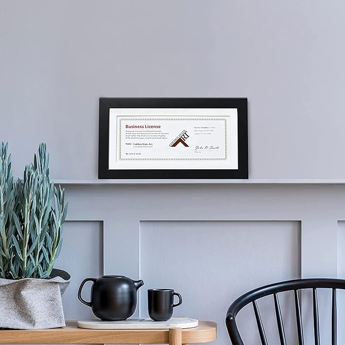 Golden State Art, 5x10 Wood Frame for 4x9 Business License Certificate with White Mat & Table-top Display, Black