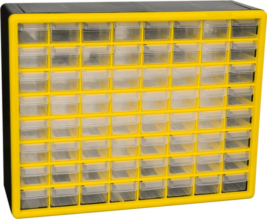 Akro-Mils 64-Drawer Plastic Drawer Storage Cabinet for Garage Organization, Bead Organizer, Building Bricks Storage, Teacher Toolbox, Makeup Organizer, 20-Inch W x 6-Inch D x 16-Inch H, 10164 Yellow