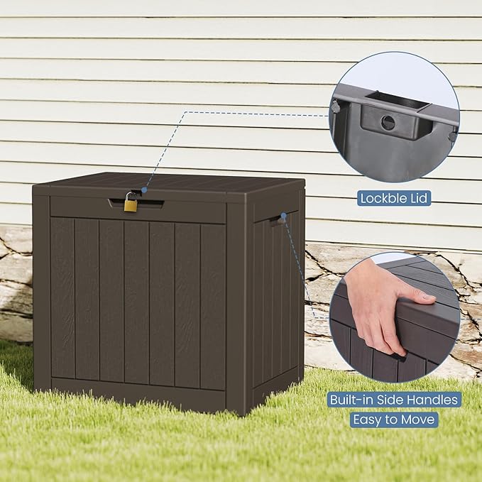 DUMOS 31 Gallon Deck Box, Lockable Outside Storage Box for Outdoor Use, Outside Waterproof Resin Package Delivery Box for Backyard Patio Garden, Brown