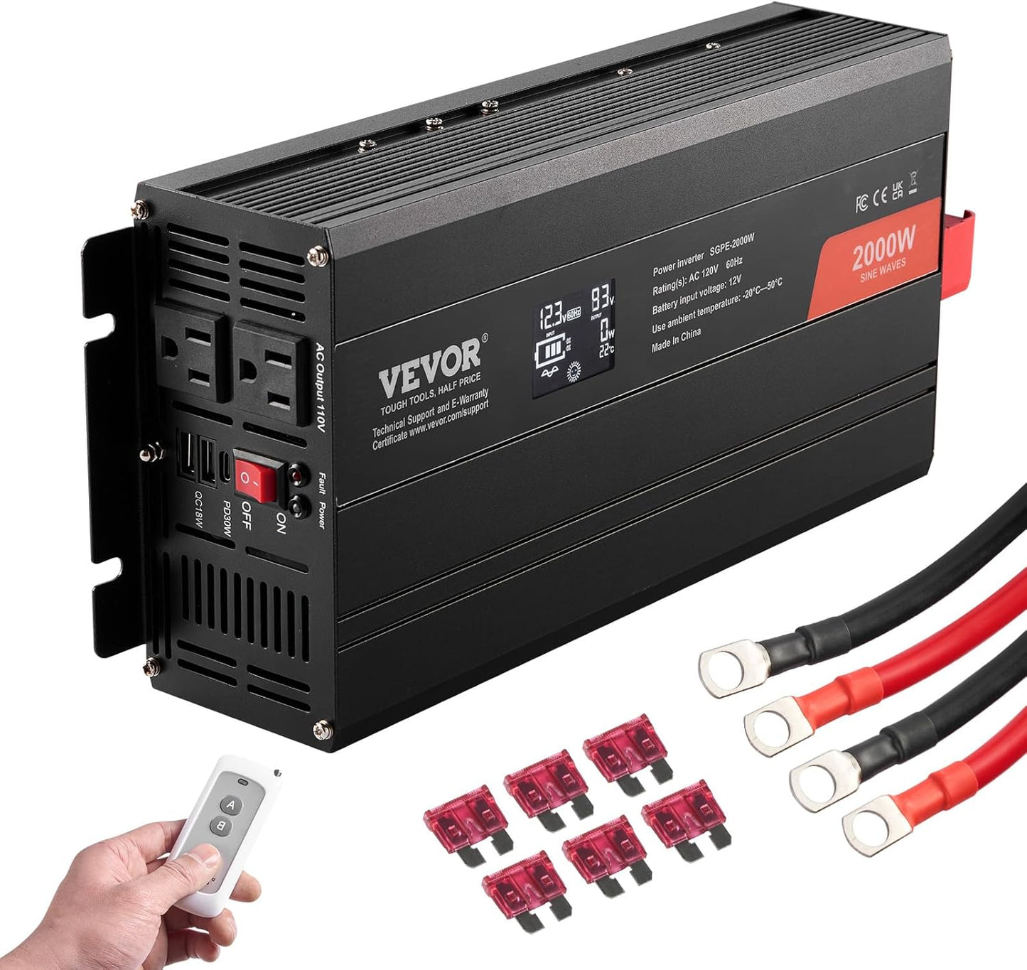 VEVOR Pure Sine Wave Inverter, 2000 Watt, DC 12V to AC 120V Power Inverter with 2 AC Outlets 2 USB Port 1 Type-C Port, LCD Display and Remote Controller for Medium-Sized Household Equipment, CE FCC